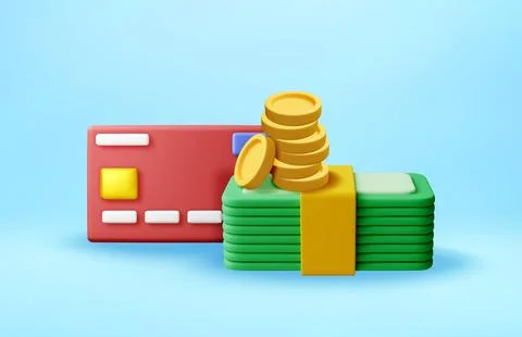 3D credit card with stack of coins and banknotes Stock Illustration