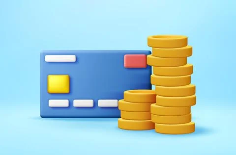 3D credit card with stack of golden coins. Stock Illustration