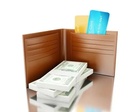 3d Credit cards in wallet with stack of bills 스톡 일러스트