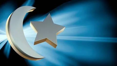 A 3d crescent moon and star under light beam. Stock Illustration