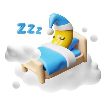 A 3D crescent moon character sleeping on a bed under a blanket wearing a blue Ilustração Stock
