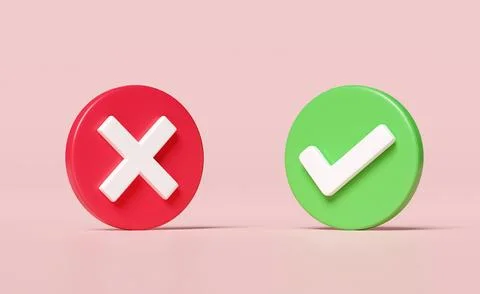 3d cross check mark icon isolated on pink background. tick marks symbols co.. Stock Illustration