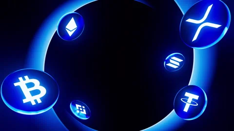 3D Crypto Coins Orbit in Blue Neon Ring-Blockchain Fintech Background Opening Stock Footage 328993894