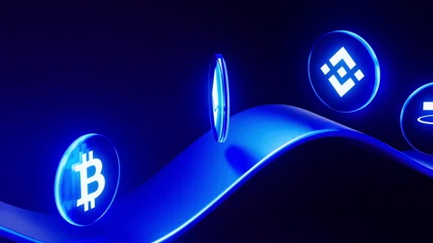3D Crypto Coins Rotating on Abstract Blue Waves-Blockchain Fintech Concept Stock Footage 328993895