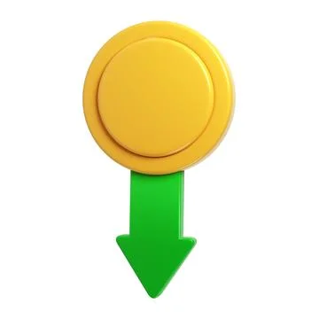 3D cryptocurrency icon falling with green down arrow symbolizing the fall of Stock Illustration