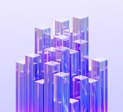 3d crystal glass rectangle cube pillars with holographic neon light gradient Stock Illustration