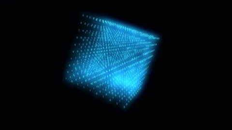 3d cube of binary digits rotating on a black background Stock Footage 73355436
