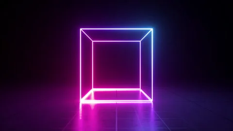 3d cube with bright neon glow changes colors, cycled animation Stock Footage 143914281