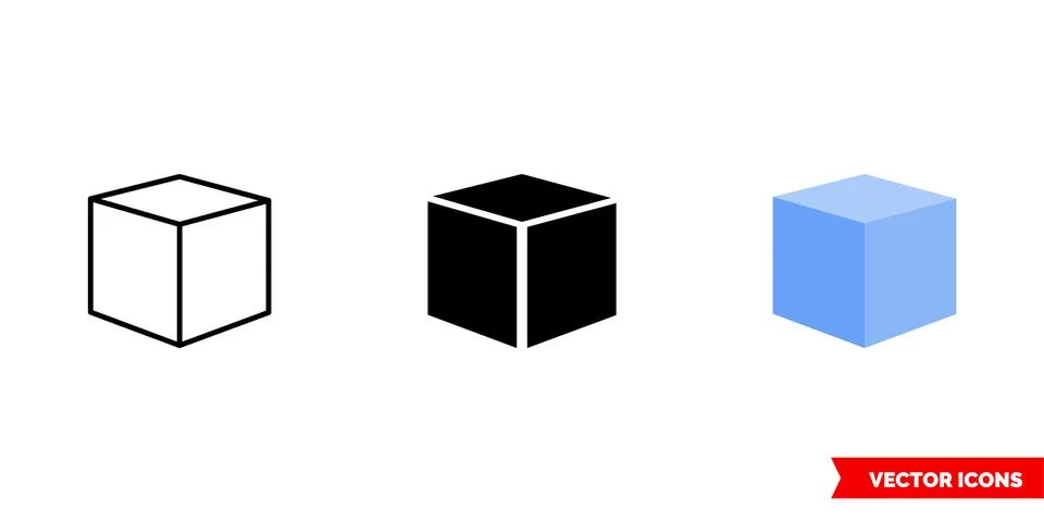 3D cube icon of 3 types color, black and white, outline. Isolated vector sign Stock Illustration