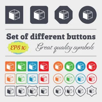 3d cube icon sign. Big set of colorful, diverse, high-quality buttons. Vector Illustrazione stock