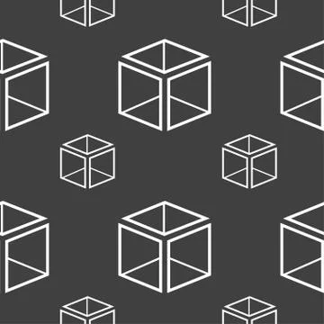 3d cube icon sign. Seamless pattern on a gray background. Vector Illustrazione stock