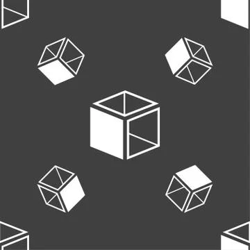 3d cube icon sign. Seamless pattern on a gray background. Vector Ilustración de archivo