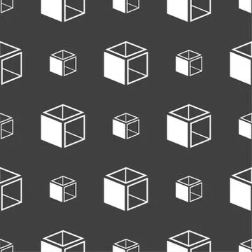 3d cube icon sign. Seamless pattern on a gray background. Vector Stock Illustration