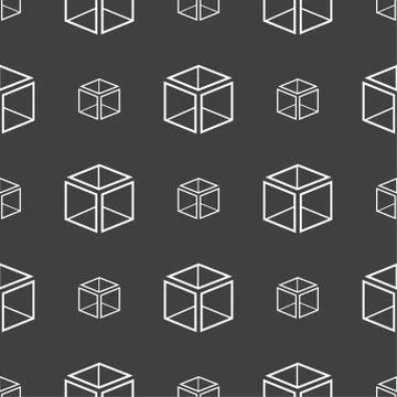 3d cube icon sign. Seamless pattern on a gray background. Vector 스톡 일러스트