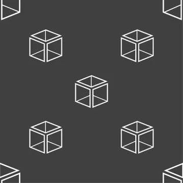 3d cube icon sign. Seamless pattern on a gray background. Vector Illustrazione stock