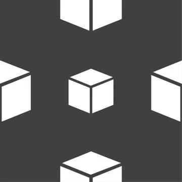 3d cube icon sign. Seamless pattern on a gray background. Stock Illustration