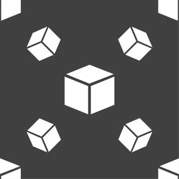 3d cube icon sign. Seamless pattern on a gray background. Stock Illustration