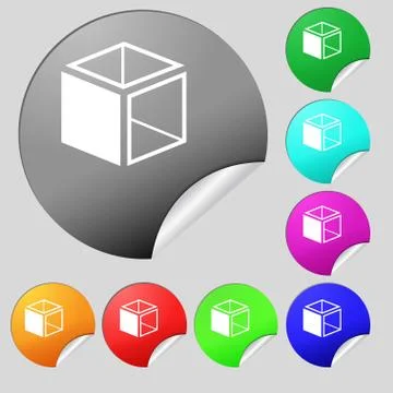 3d cube icon sign. Set of eight multi colored round buttons, stickers. Vector Stock Illustration