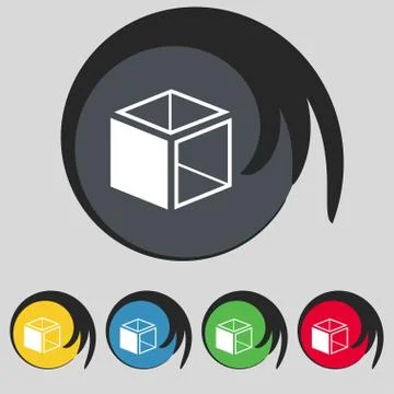 3d cube icon sign. Symbol on five colored buttons. Vector Stock Illustration