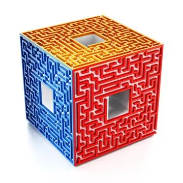 3D cube with labyrinth walls on the sides. 3D illustration Stock Illustration