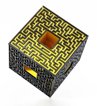 3D cube with labyrinth walls on the sides. 3D illustration Illustrazione stock