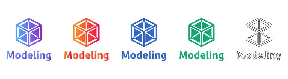 3D Cube Modeling Icons in Multiple Colors and Outline Stock Illustration