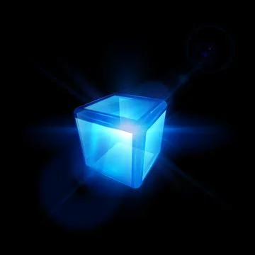 3D cube with neon blue backlight and bright light rays with glare from the Stockillustratie