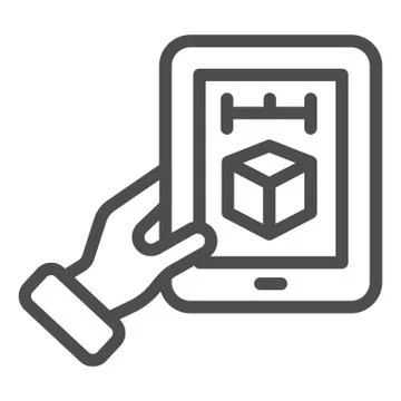 3d cube on tablet line icon. 3D modeling on digital tablet vector illustration Stock Illustration
