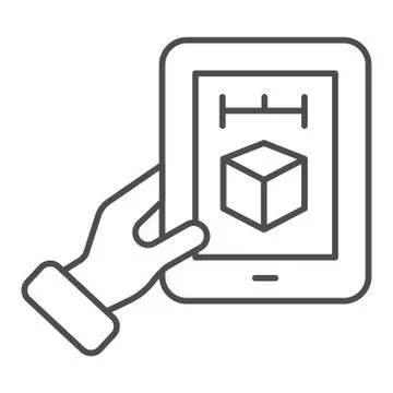 3d cube on tablet thin line icon. 3D modeling on digital tablet vector Stock Illustration