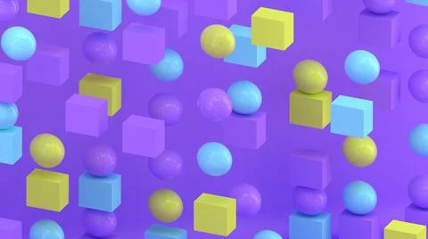 3d cubes and spheres. Abstract wallpaper. Falling geometric shapes. Stock-Illustration