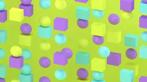3d cubes and spheres background. Abstract wallpaper. Flying geometric shapes. Ilustración de archivo