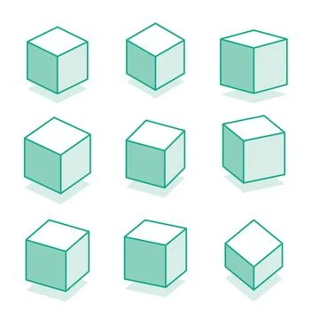 3d cubes in different isometric projections. Outline objects isolated on wh.. Stock Illustration