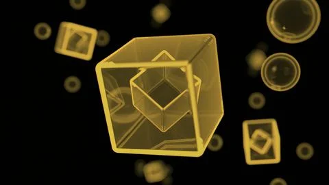 3D cubes rotating in virtual space. Design. Transparent cubes and round bubbles. 스톡 일러스트