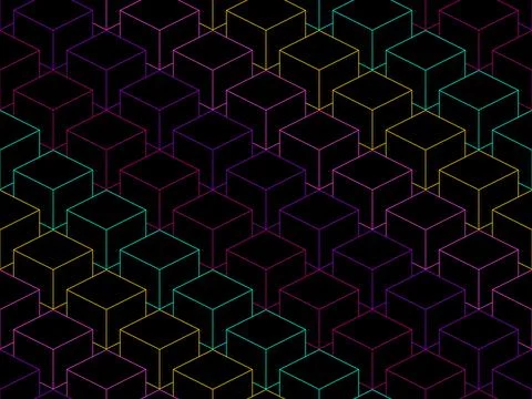 3D cubes seamless pattern. Multicolor abstract background in cyberpunk styl.. Stock Illustration