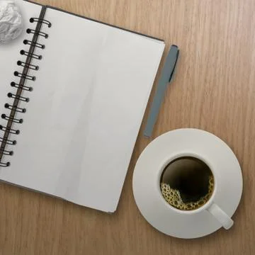 3d cup of coffee in a white cup and blank note book on wooden background as c Illustrazione stock