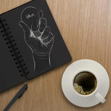 3d cup of coffee in a white cup and hand drawn idea with note book on wooden  Illustrazione stock