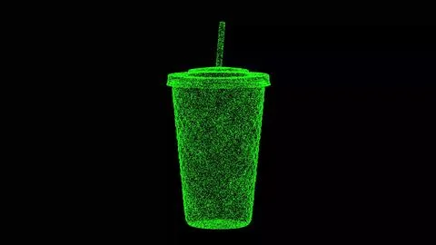 3D cup with a straw on black background. Object made of shimmering particle.. Stock Illustration