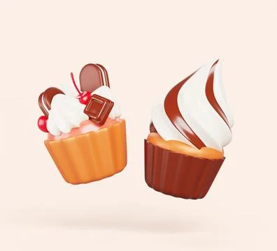 3d cupcake cartoon render set. Fairy cake with chocolate bar pieces, cookie and Stock Illustration