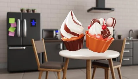 3D cupcakes floating in modern kitchen interior. Homemade baking, making cake at Stock Illustration