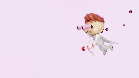 3d cupid flying holding binoculars with bow, arrows isolated on pink backgr.. Stock Footage 299976584