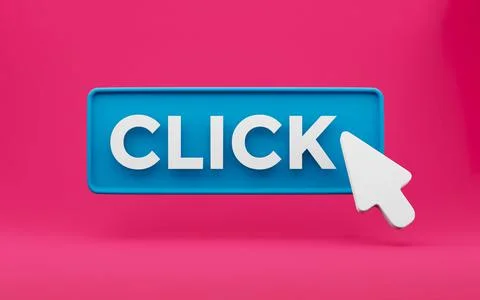 3d Cursor Clicks the Button with text click. minimal concept isolated. 3d ren Illustrazione stock