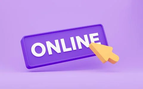 3d Cursor Clicks the online Button. minimal concept isolated. 3d rendering Illustrazione stock