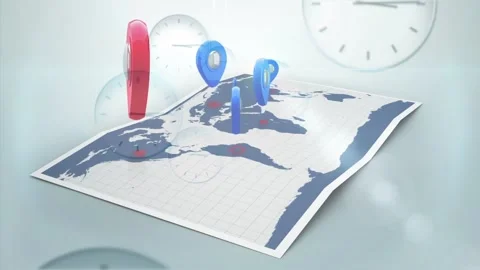 3D curved map showing red pin rising blue pins grouping clocks drifting, marking Stock Footage 329115757