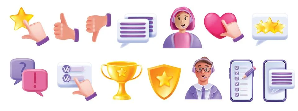 3D customer feedback icon set, vector happy client review sign kit Stock Illustration