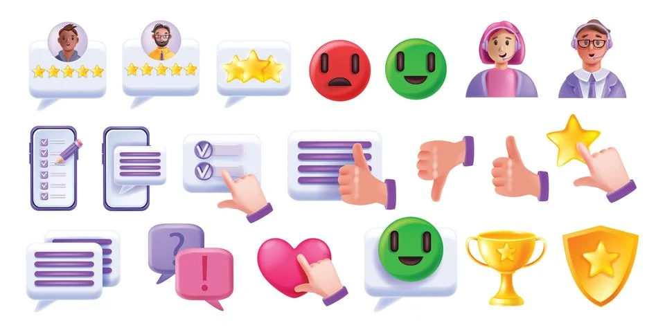 3D customer feedback icon set, happy client review vector sign kit Ilustración de archivo
