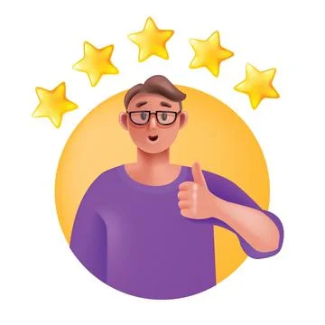 3D customer review rate, vector happy five star satisfaction client icon Illustrazione stock