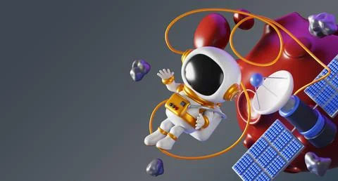 3d cute astronaut in outer space. Cartoon render of cosmonaut in suit and helmet Illustrazione stock