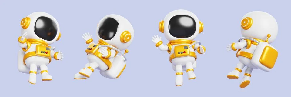 3d cute astronaut in space render set. Cartoon spaceman character flying in Illustrazione stock
