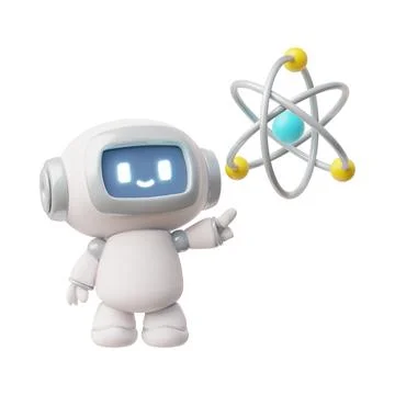 3d cute cartoon robot pointing at atom model, chatbot, technology and education. Stock Illustration