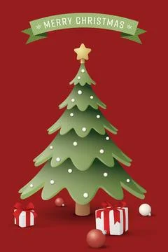 3D cute decorated Christmas tree and gift boxes with Merry Christmas callig.. Stock Illustration